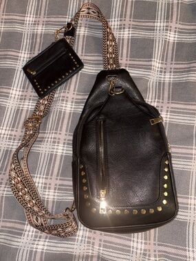Black Studded Crossbody Sling Bag with Patterned Strap and Card Pouch